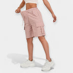 Shorts cargo de verano rosa claro, cintura elástica con cordón y bolsillos laterales con solapa