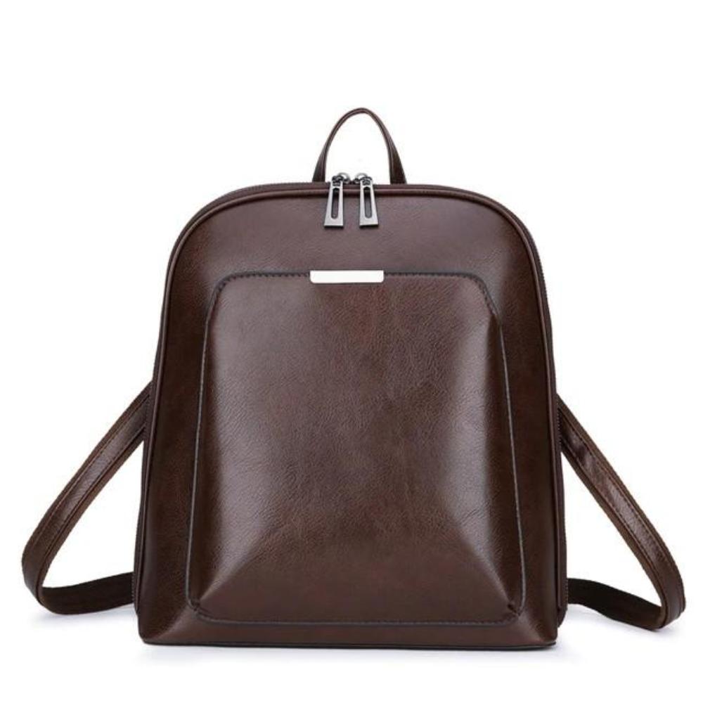 Mochila de cuero marrón oscuro con cierre superior y bandoleras