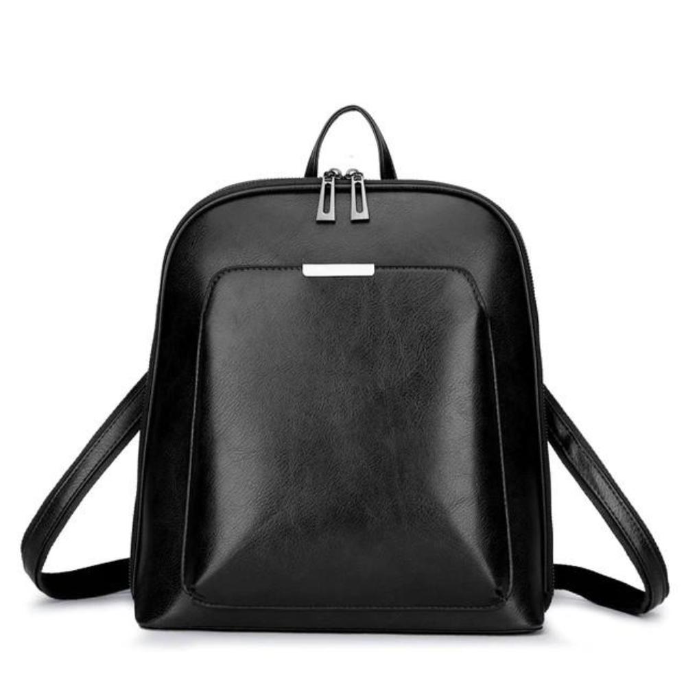 Mochila de cuero negra con asa superior y cierre frontal