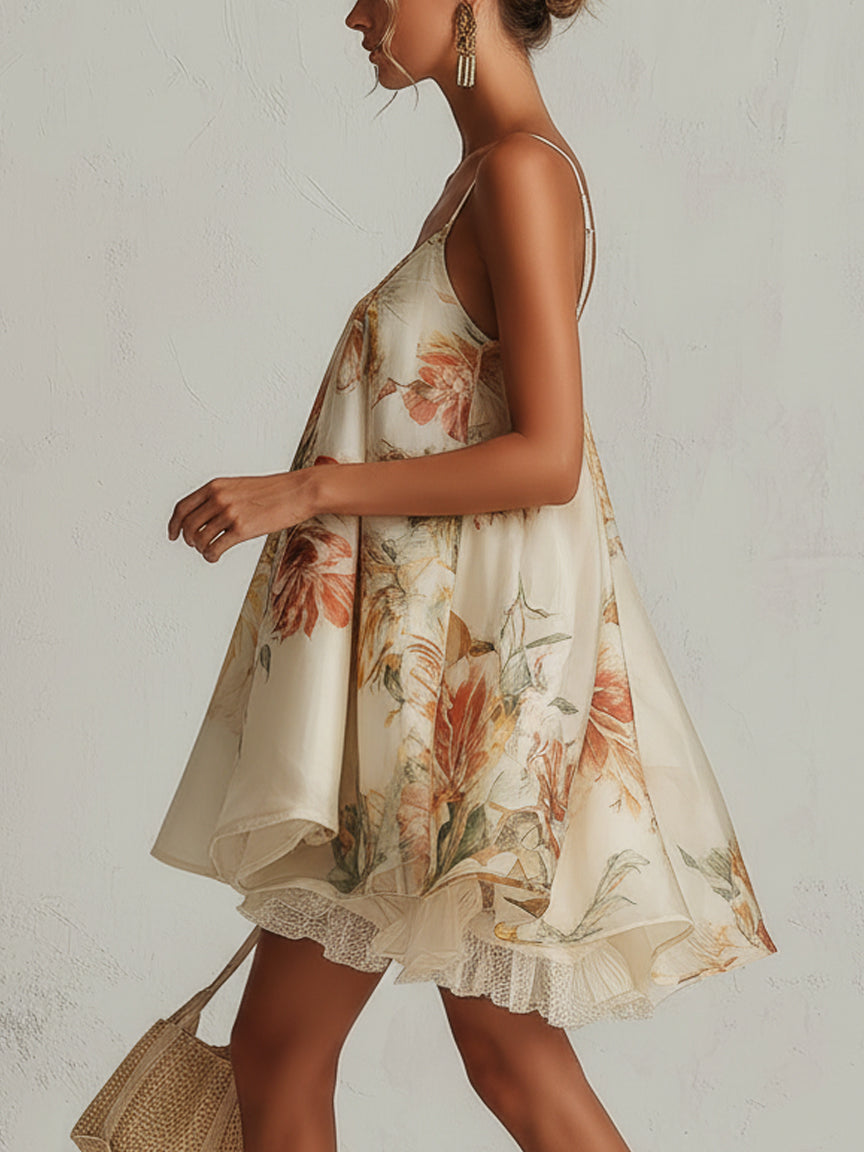 Minivestido organza beige con estampado floral, tirantes finos y volante con encaje