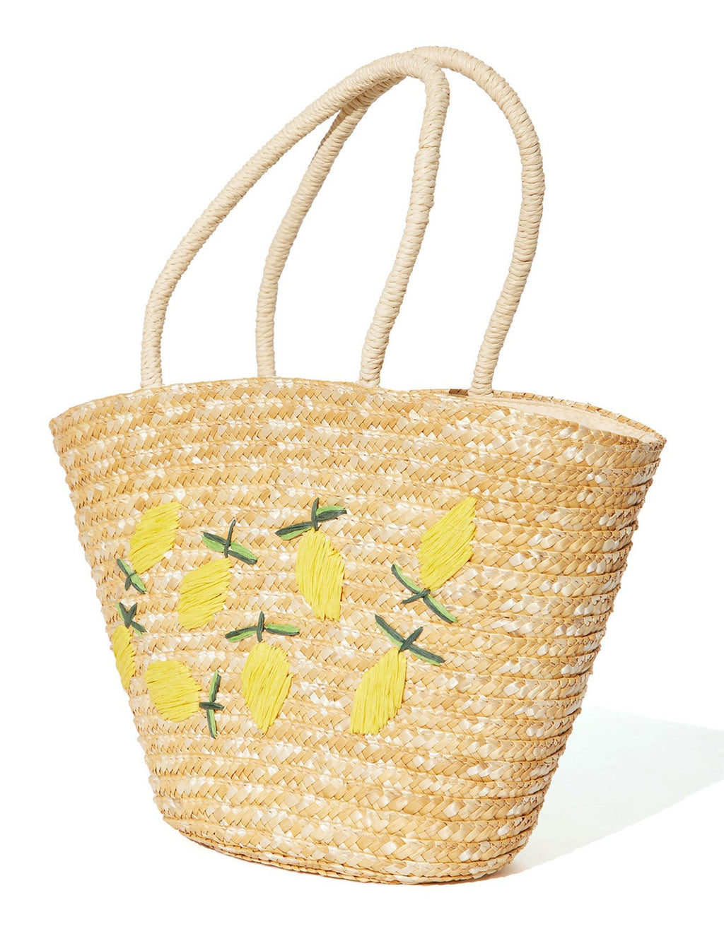Bolso tote de rafia beige con bordado de limones y asas dobles anchas.