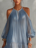 Minivestido azul plisado fruncido, escote halter sin tirantes y bajo de encaje