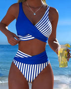 Bikini de rayas cruzado Giulia azul y blanco, top triangular cruzado y braguita