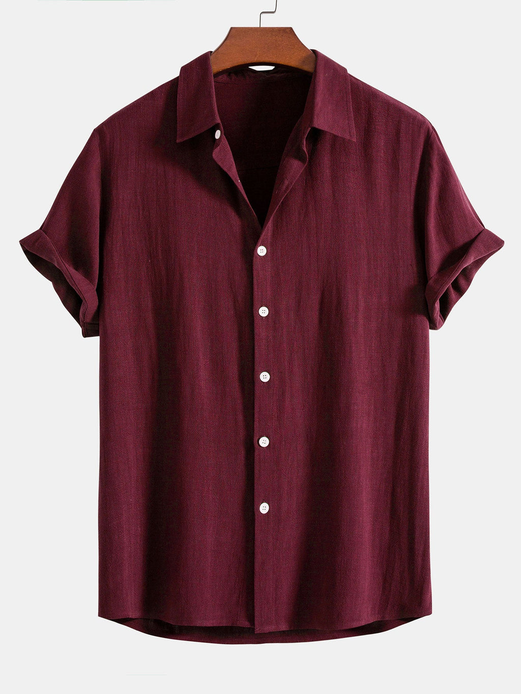 Camisa abotonada de lino y rayón color granate con botones blancos y cuello