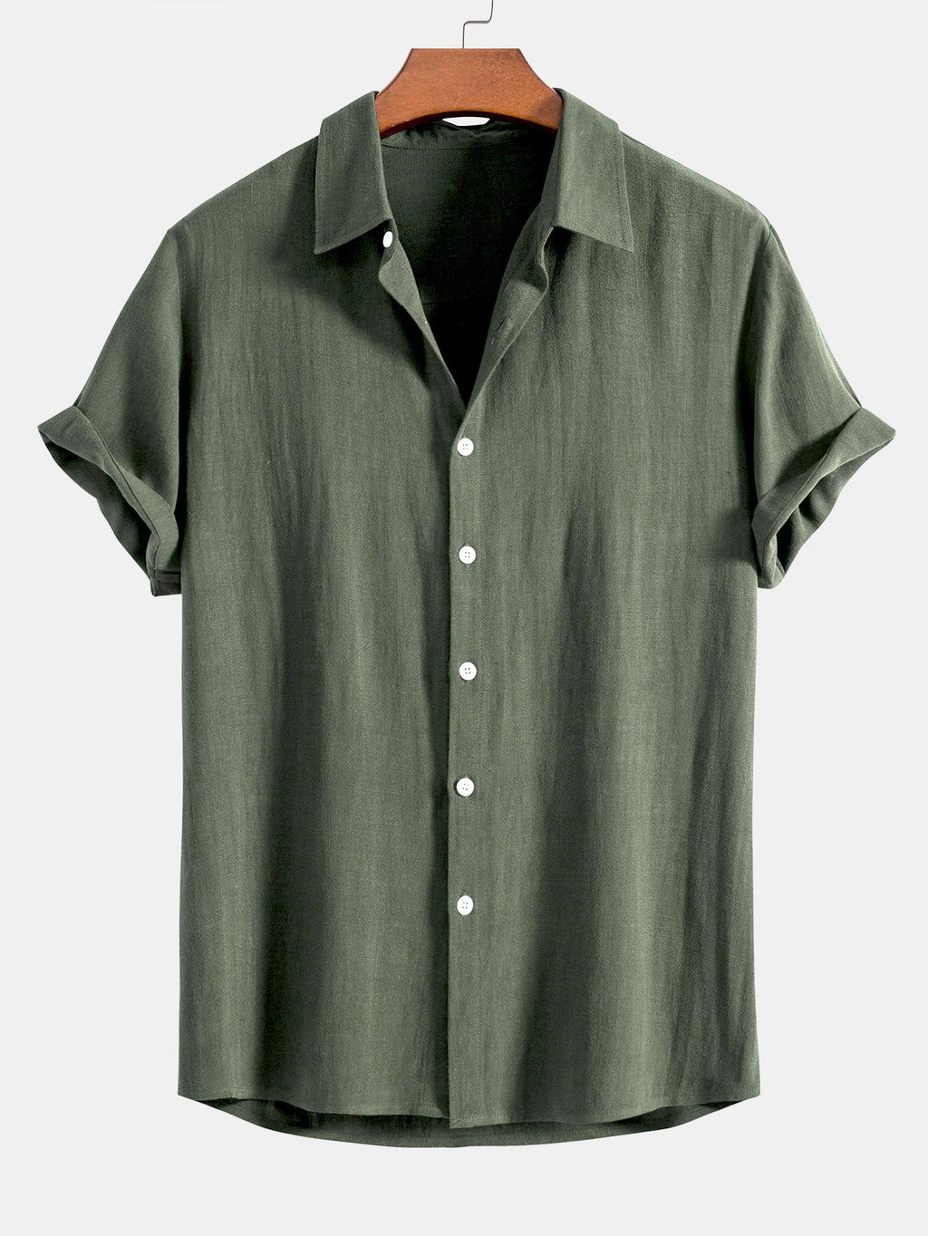 Camisa abotonada de lino y rayón color verde oscuro con botones blancos