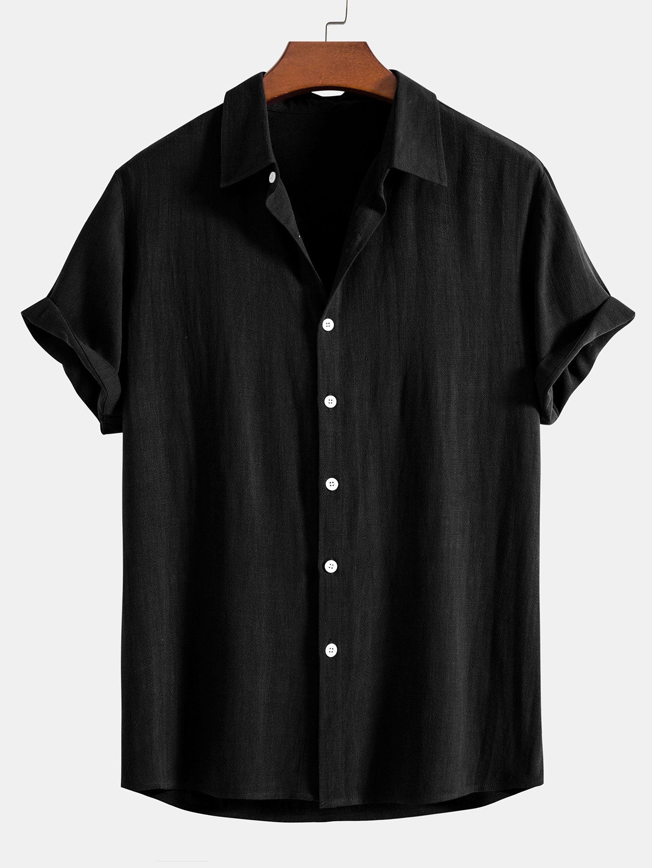 Camisa abotonada de lino y rayón negra con botones blancos y cuello