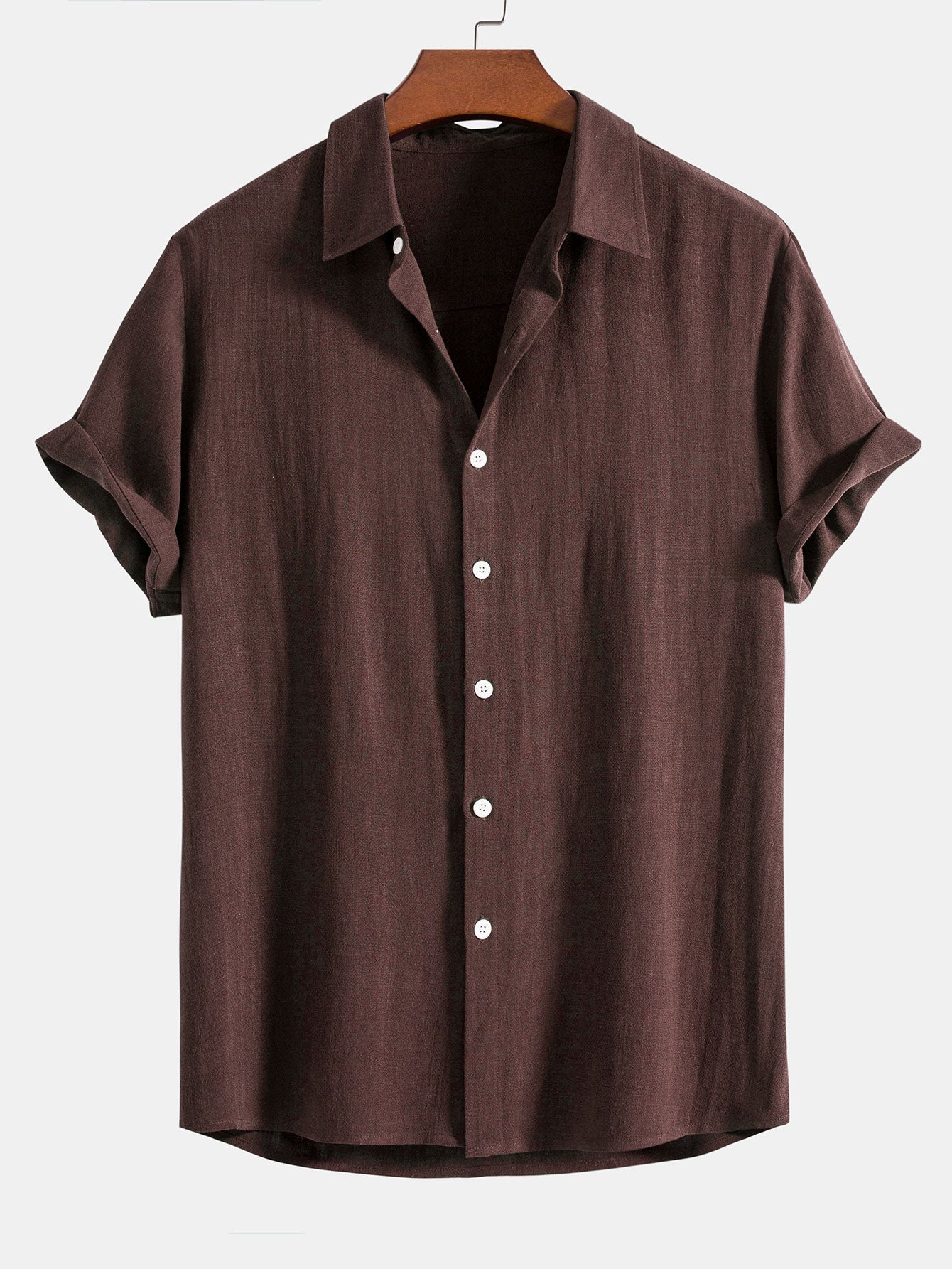 Camisa abotonada de lino y rayón color café oscuro con botones claros