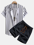 Conjunto: camisa a rayas blancas y negras y bañador corto negro con cordón naranja