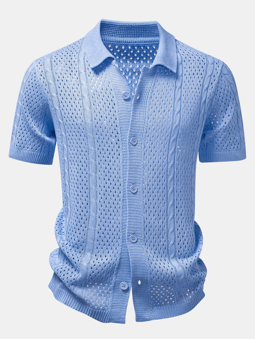 Camisa Marbella azul de punto con botones y cuello tipo polo, calada