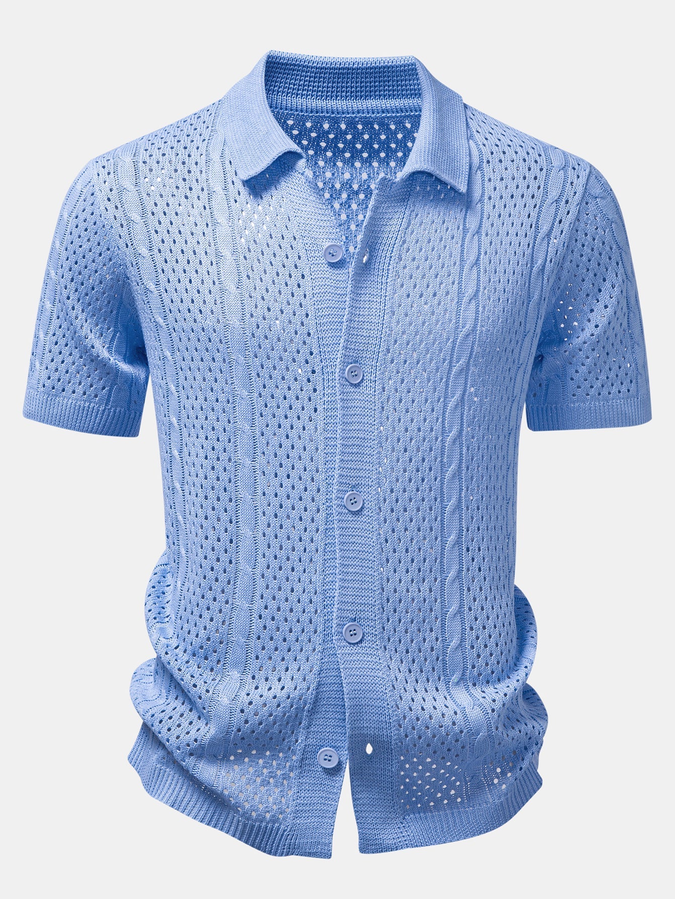 Camisa Marbella azul de punto con botones y cuello tipo polo, calada
