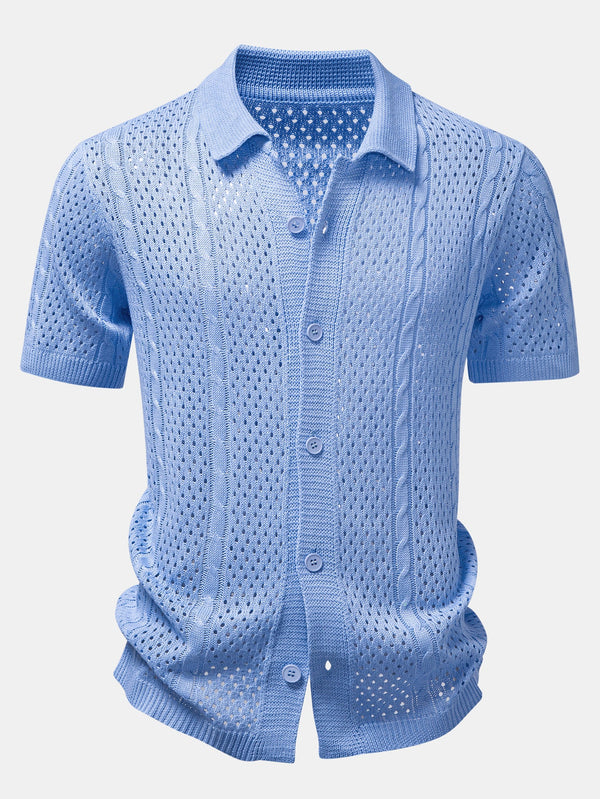 Camisa Marbella azul de punto con botones y cuello tipo polo, calada