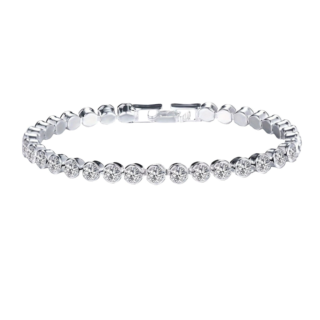 Pulsera tipo tenis plateada con eslabones y pedrería circular