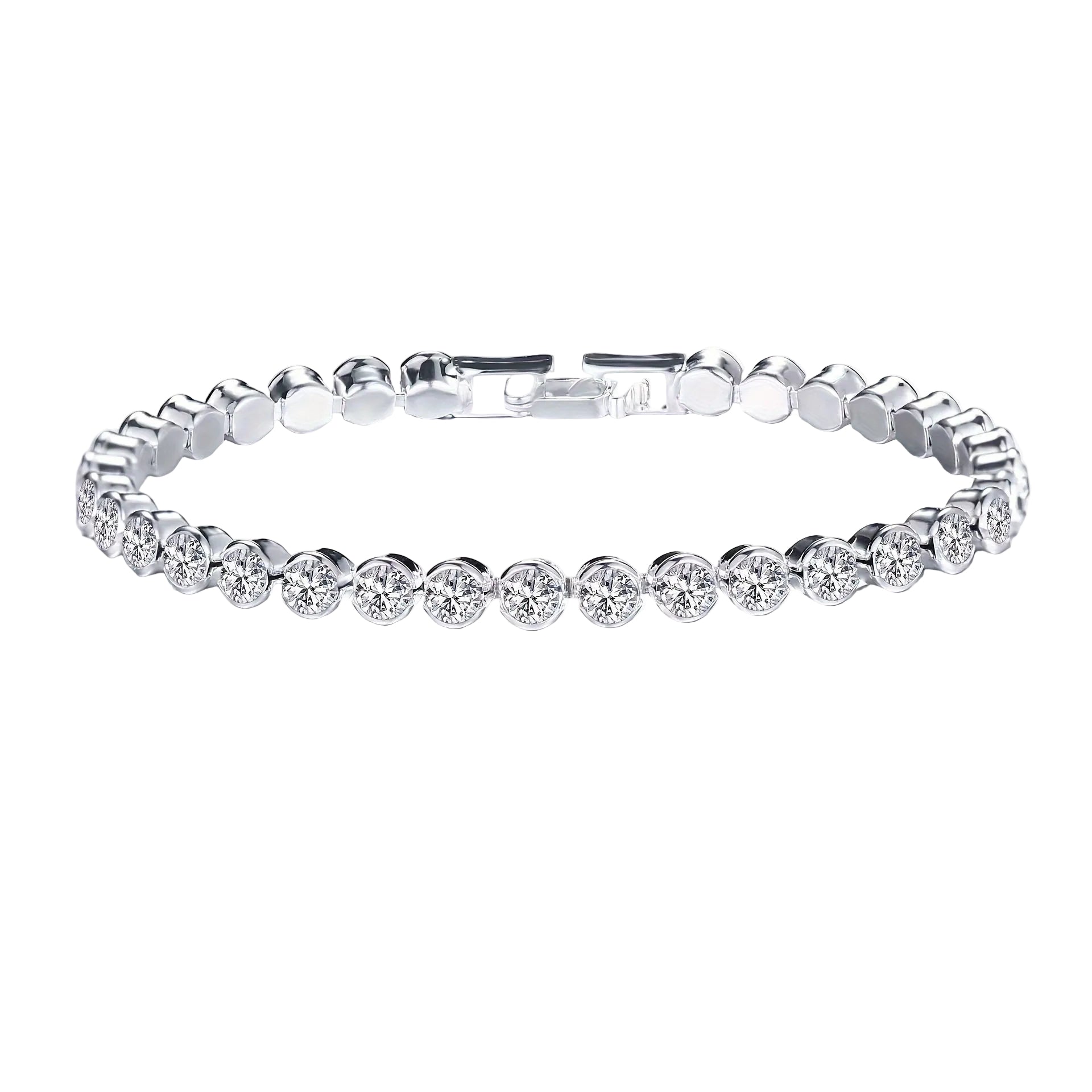 Pulsera tipo tenis plateada con eslabones y pedrería circular