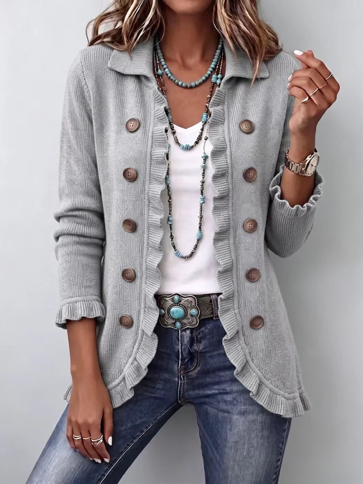 Teodora | Chaqueta de Punto Canalé Gris Jaspeado con Volantes