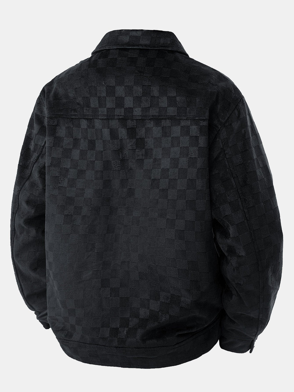 Chaqueta de ante negra con estampado de cuadros en la parte trasera y cuello