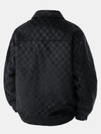 Chaqueta de ante negra con estampado de cuadros en la parte trasera y cuello
