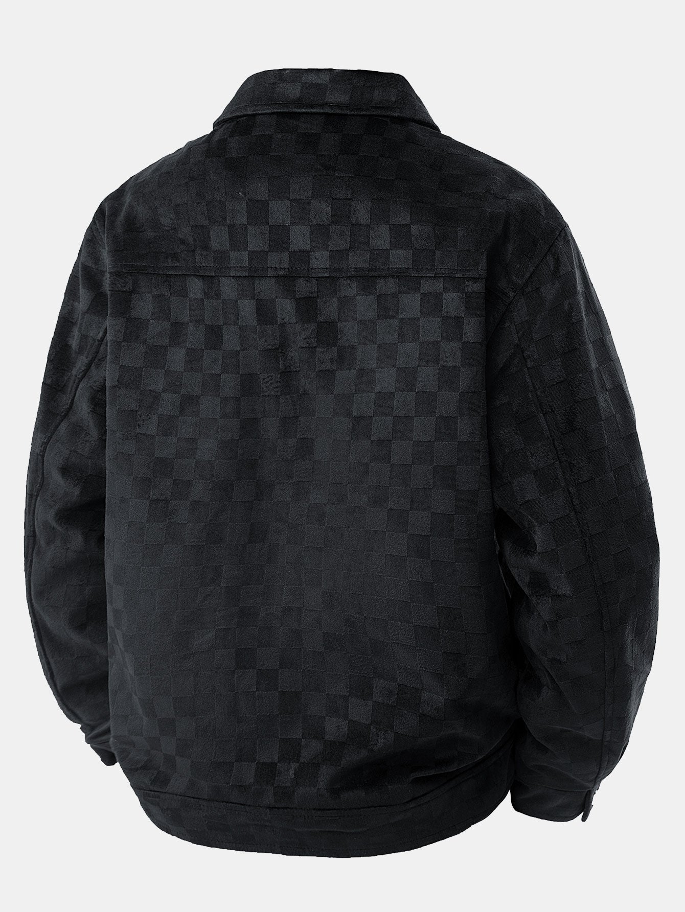 Chaqueta de ante negra con estampado de cuadros en la parte trasera y cuello