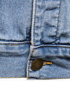 Sobrecamisa de mezclilla vintage celeste: botón y costuras del bolsillo frontal