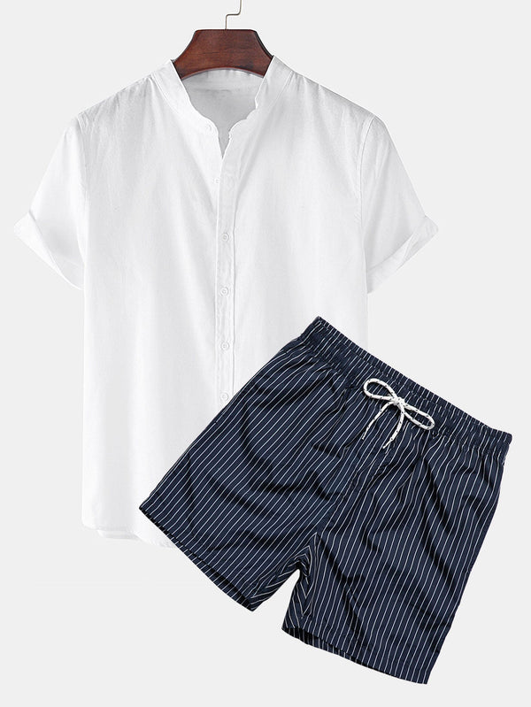 Conjunto: camisa blanca de lino de manga corta y bañador de rayas azul marino