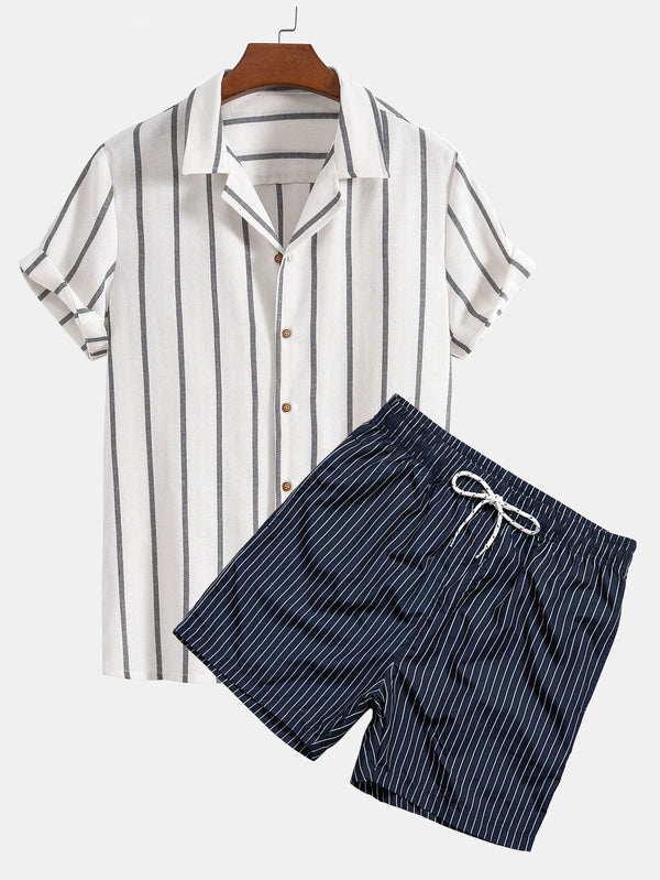 Conjunto: camisa cubana y bañador corto a rayas, azul marino y blanco