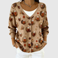 Chaqueta de punto con capucha marrón, botones y estampado de animales