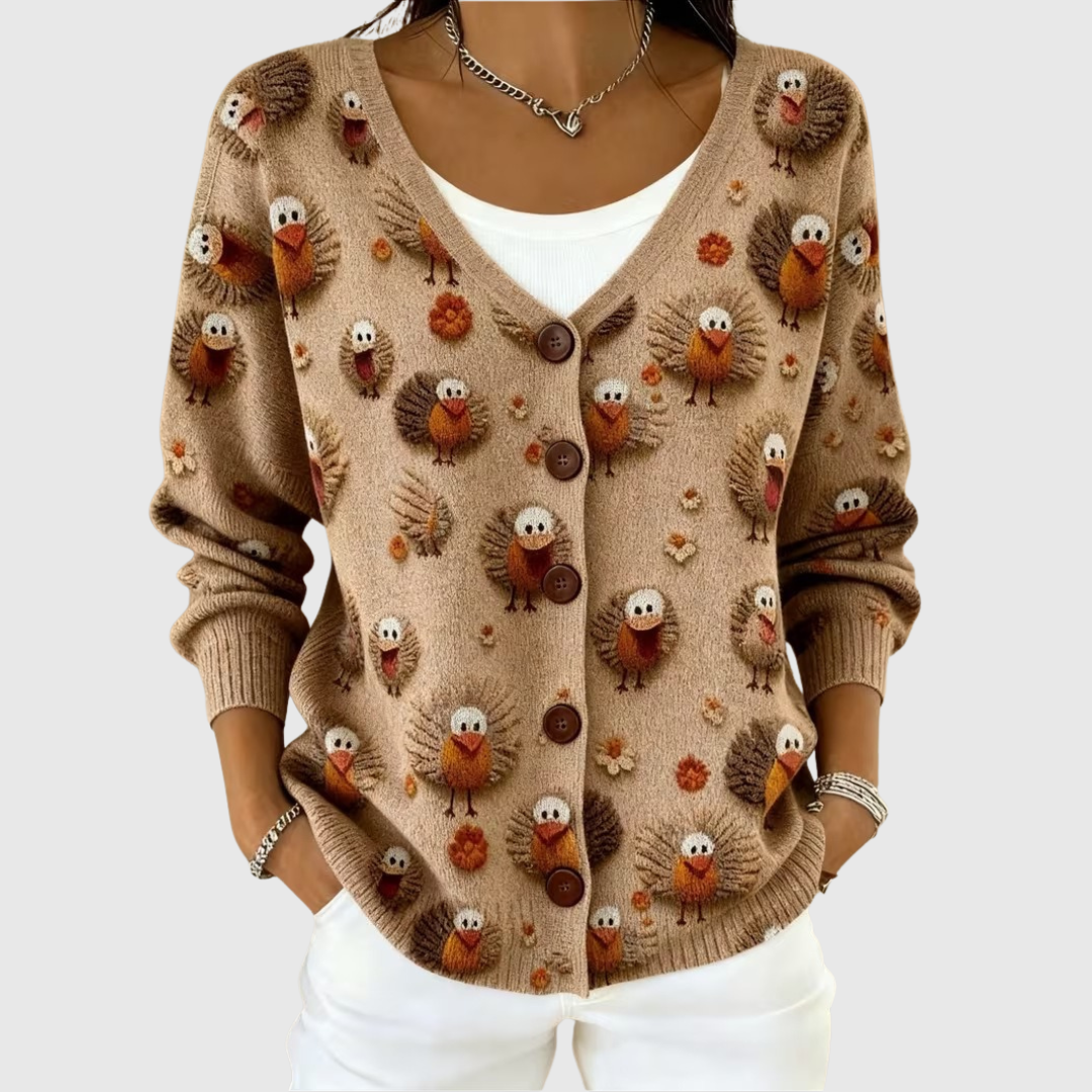 Chaqueta de punto con capucha marrón, botones y estampado de animales