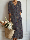 Vestido largo bohemio gris oscuro con estampado floral multicolor y escote pico