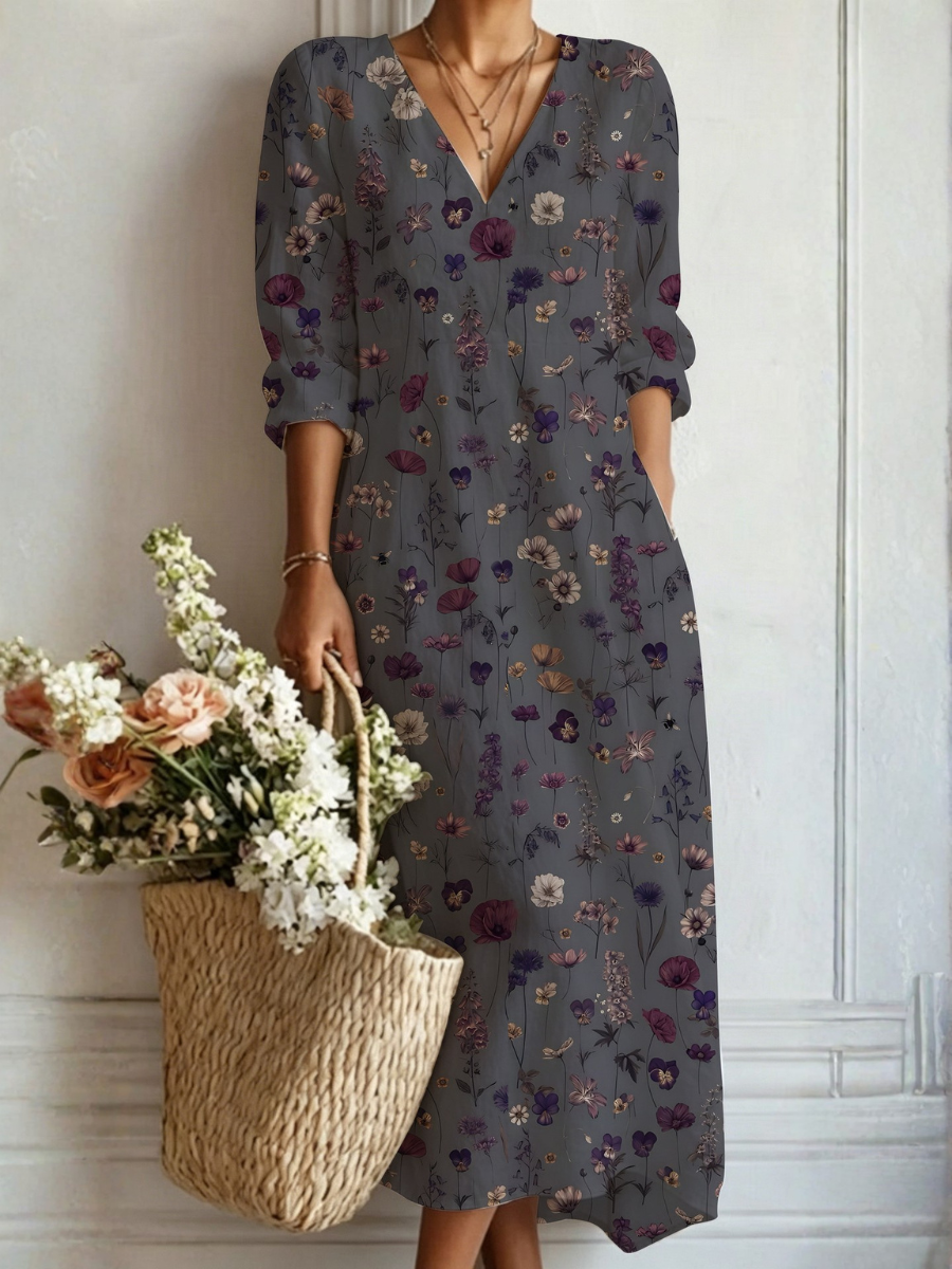 Vestido largo bohemio gris oscuro con estampado floral multicolor y escote pico