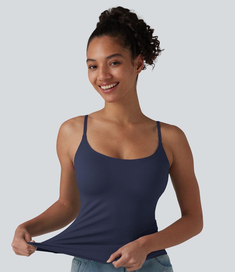 Top sin mangas Naomi Essential azul marino con tirantes finos y escote cuadrado