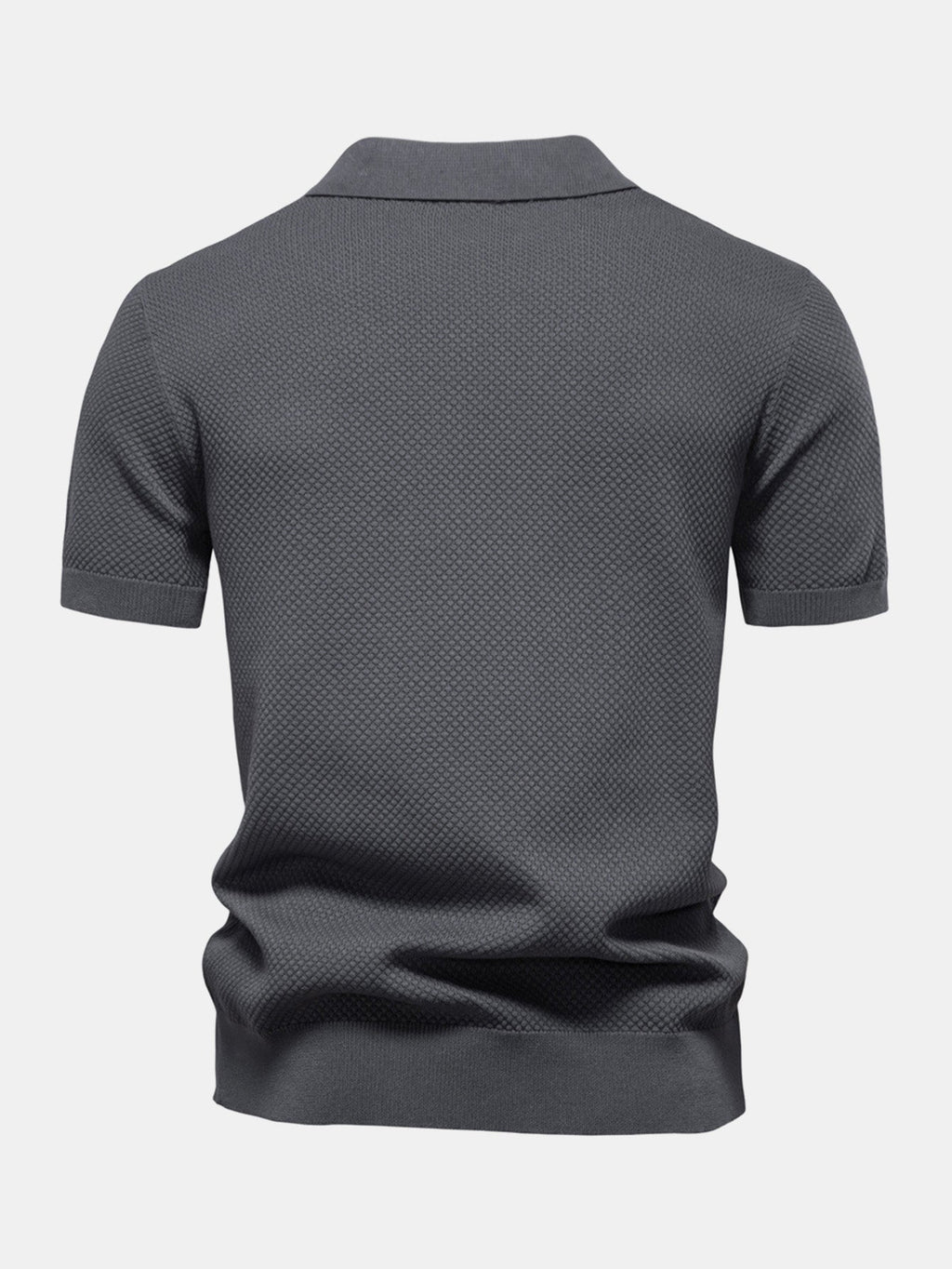 Polo de manga corta gris oscuro, vista trasera con tejido tipo microestructura