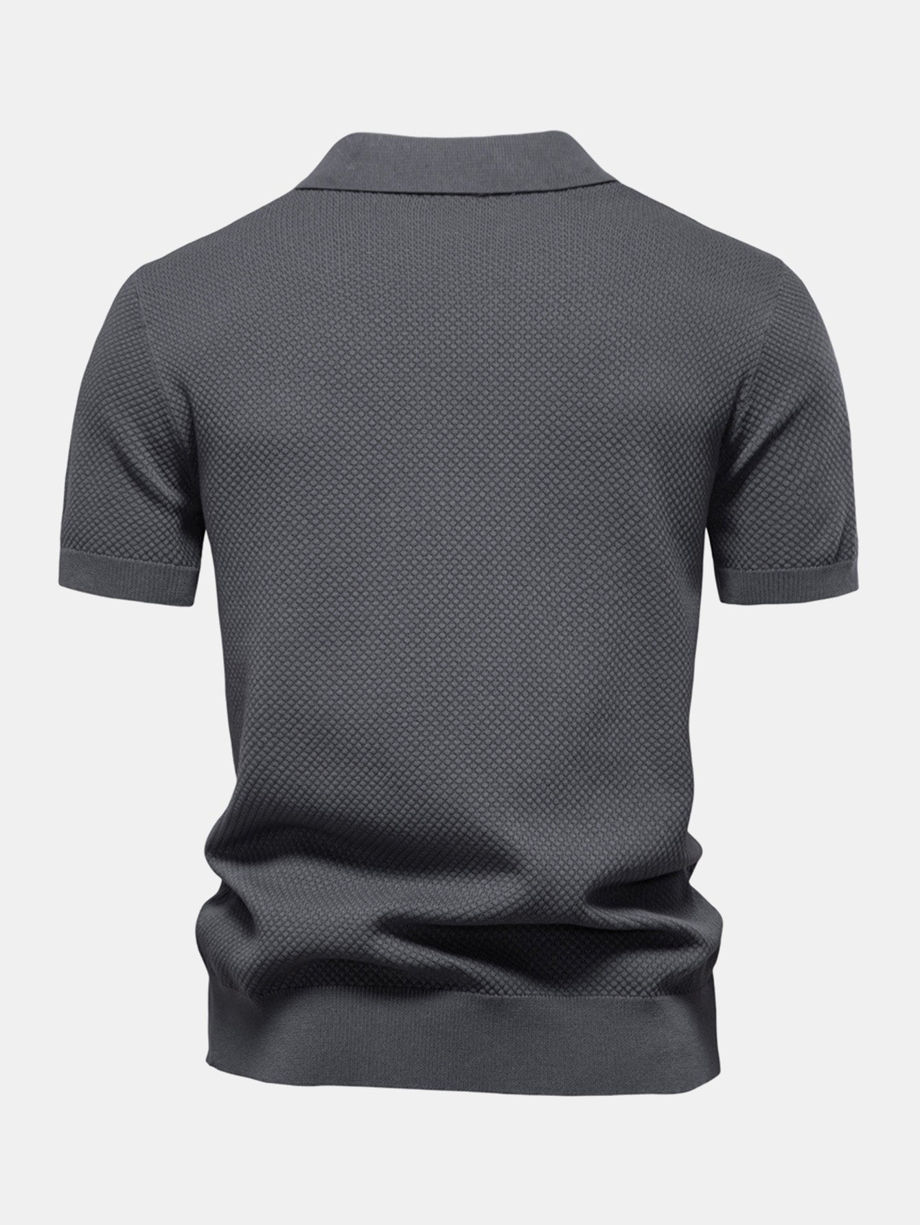 Polo de manga corta gris oscuro, vista trasera con tejido tipo microestructura