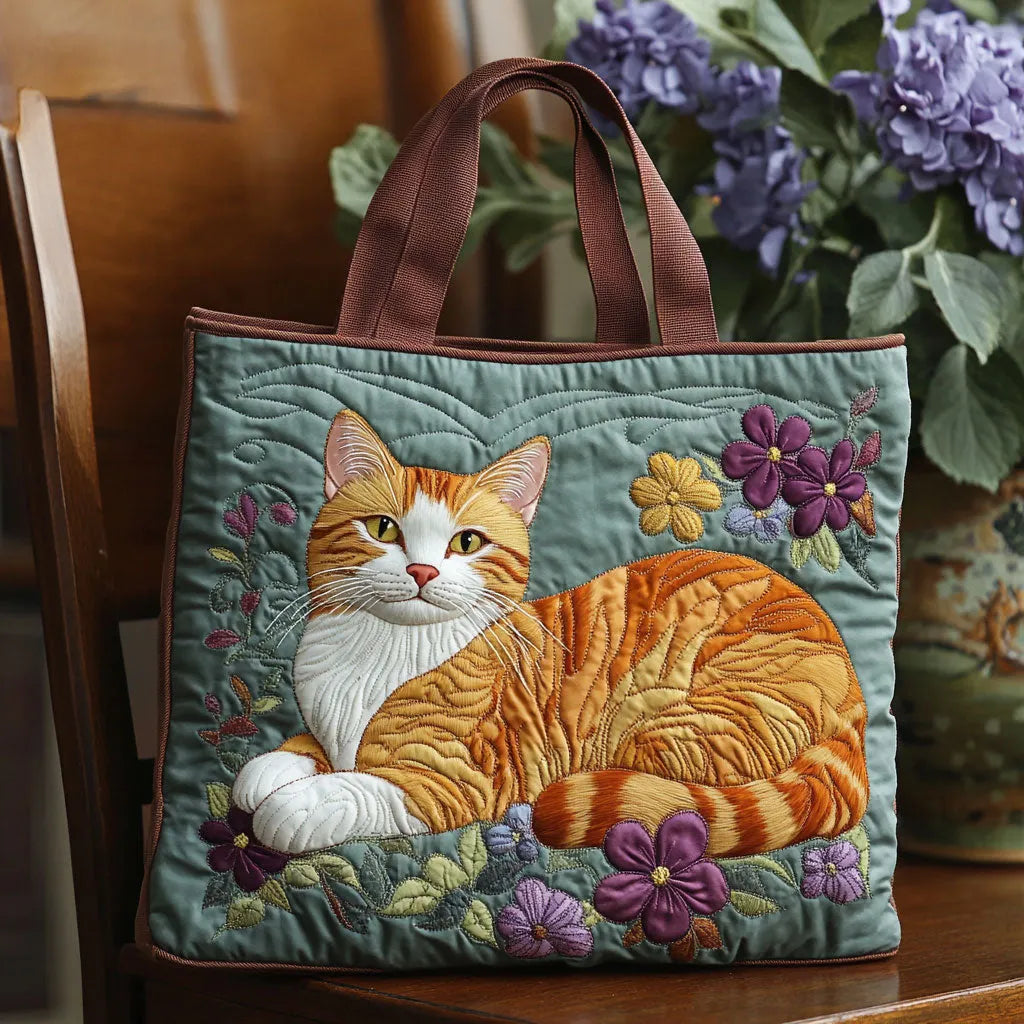 Bolso Kate verde con gato naranja bordado y flores moradas; asas marrones