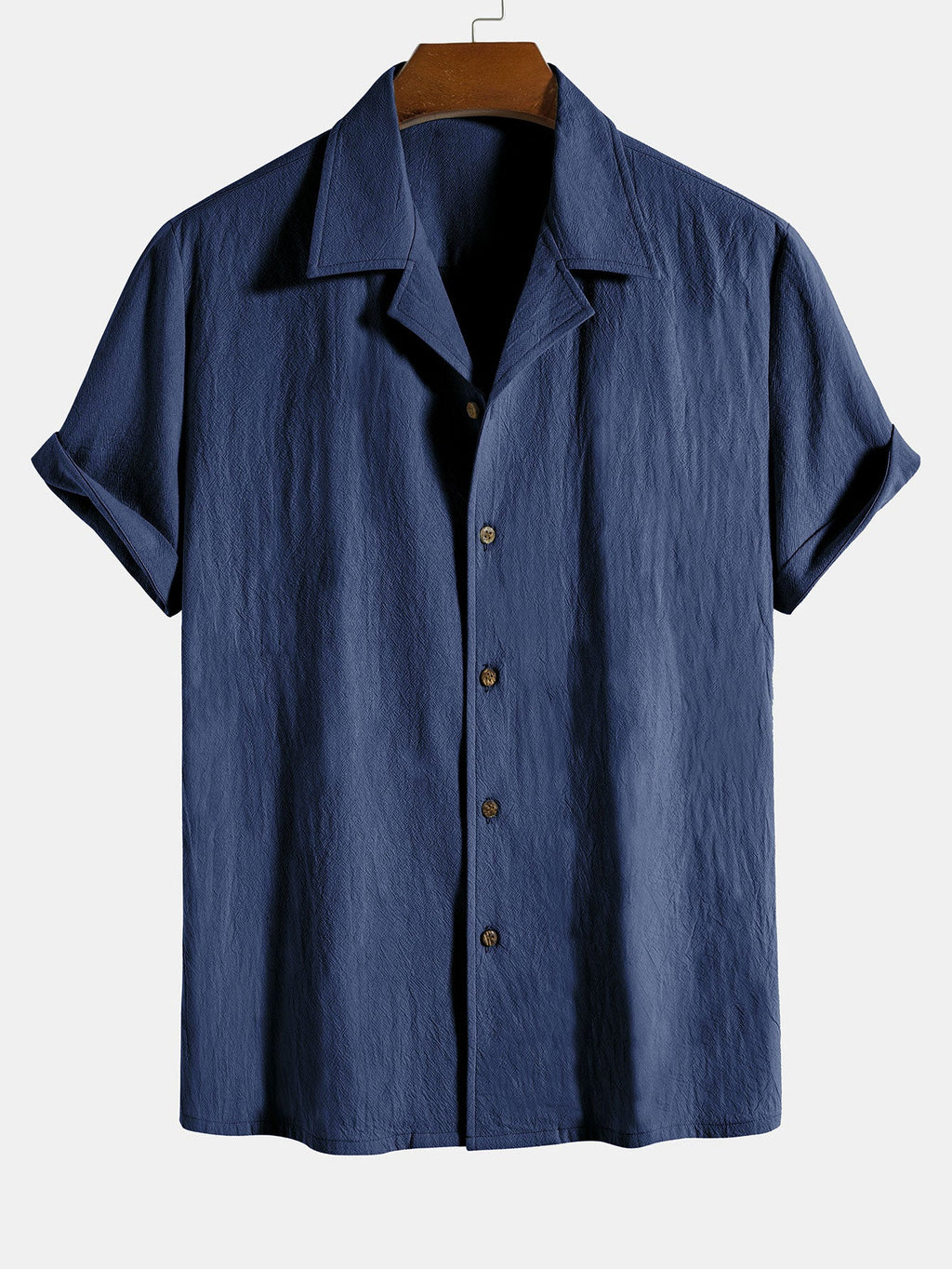 Camisa de algodón texturizado azul marino con botones y mangas cortas