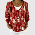 Chaqueta de punto Gloria roja con botones y estampado de gatos blancos, cuello con abertura