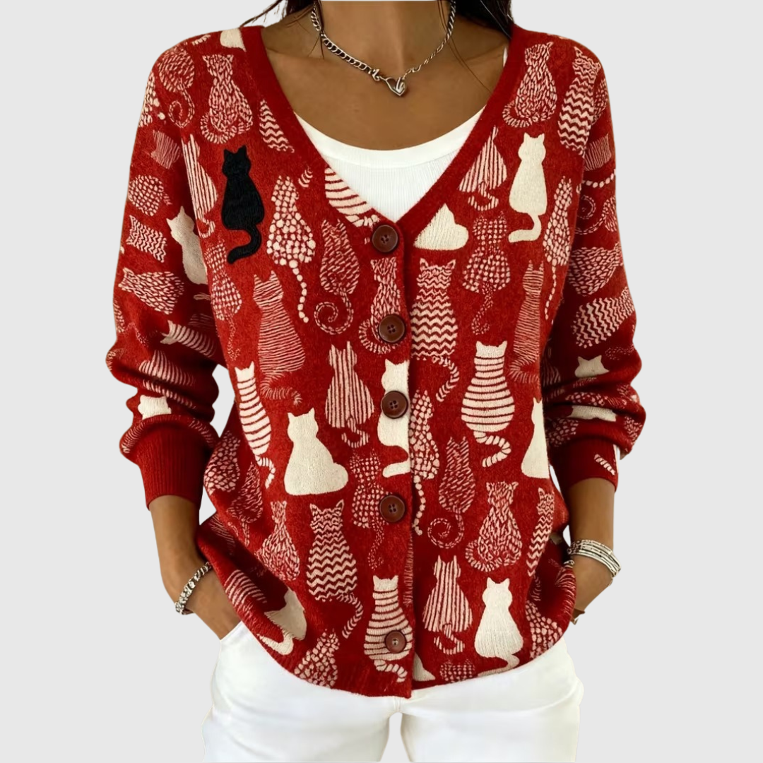 Chaqueta de punto Gloria roja con botones y estampado de gatos blancos, cuello con abertura