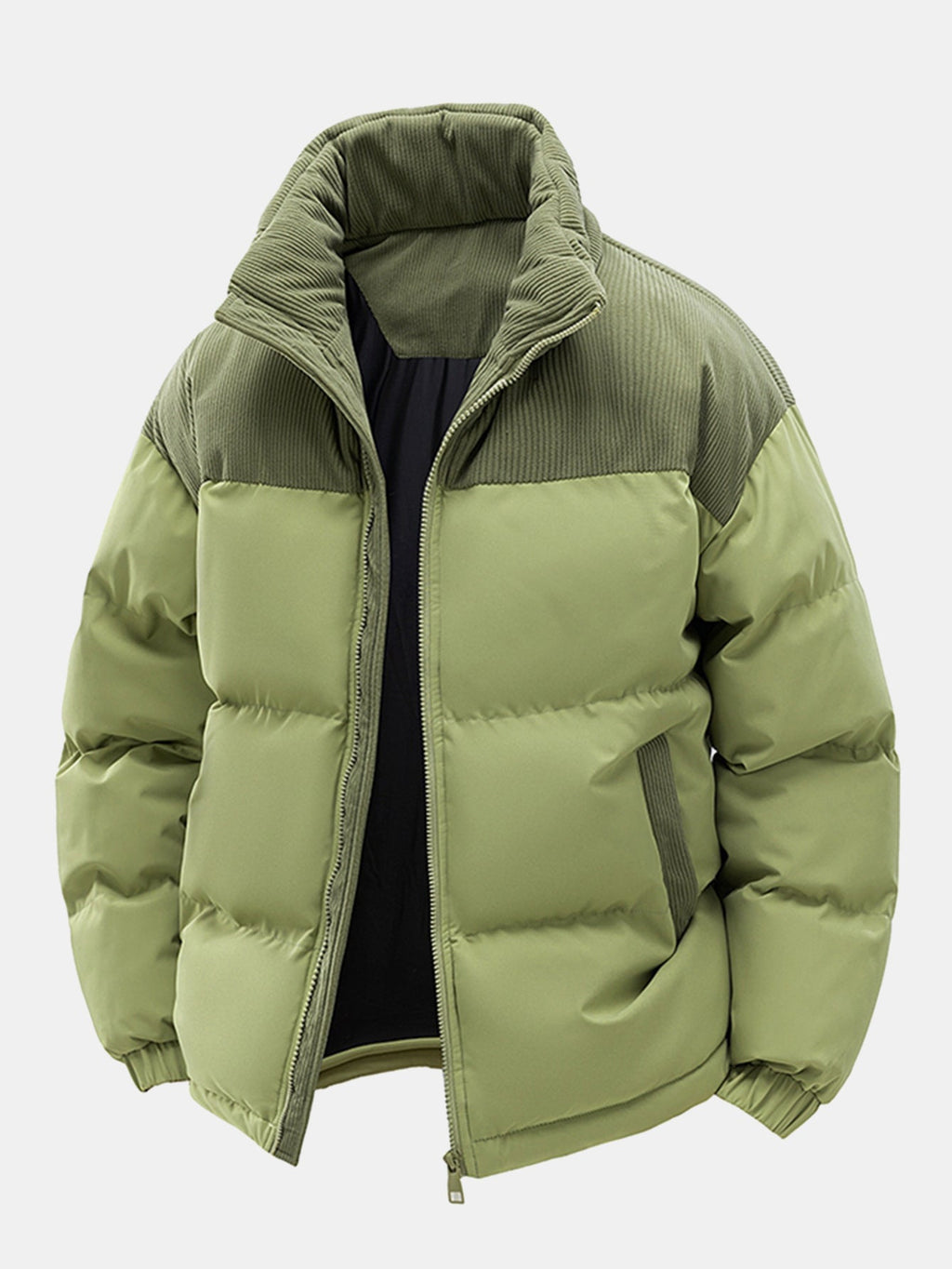 Chaqueta acolchada patchwork verde con capucha, cremallera y acolchado por paneles, tonos oliva.