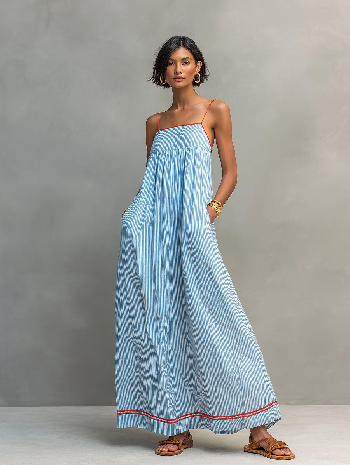 Vestido midi azul con tirantes finos, fruncido superior y falda amplia acampanada