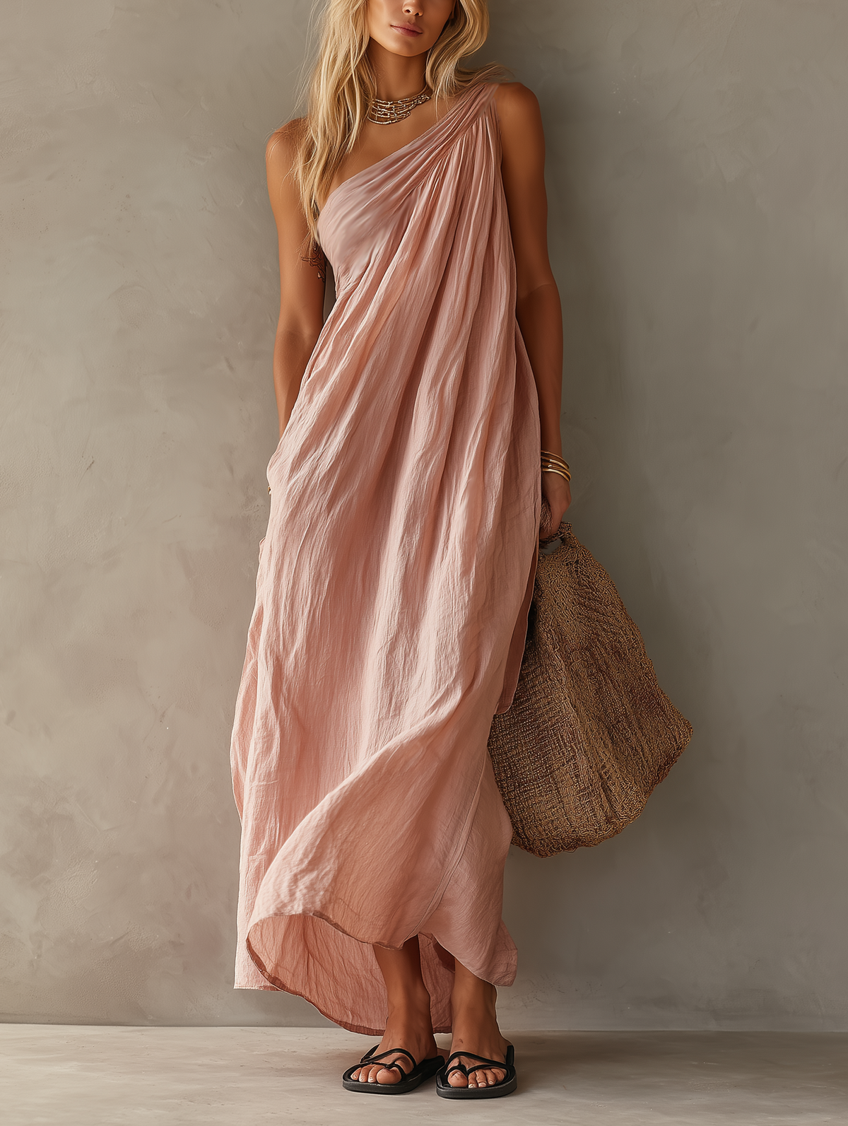 Vestido sin mangas rosa con drapeado cruzado y falda amplia, dobladillo asimétrico.
