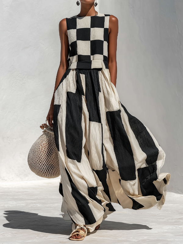 Vestido maxi sin mangas negro y blanco con estampado de cuadros y falda amplia
