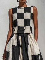 Vestido maxi sin mangas negro y blanco de cuadros con parte superior y falda abullonada