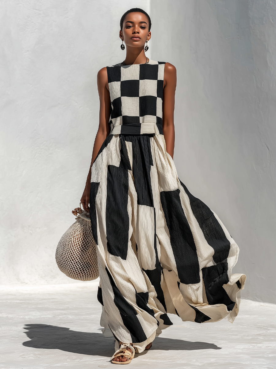 Vestido maxi sin mangas negro y blanco con cuadros, falda amplia plisada y cinturilla