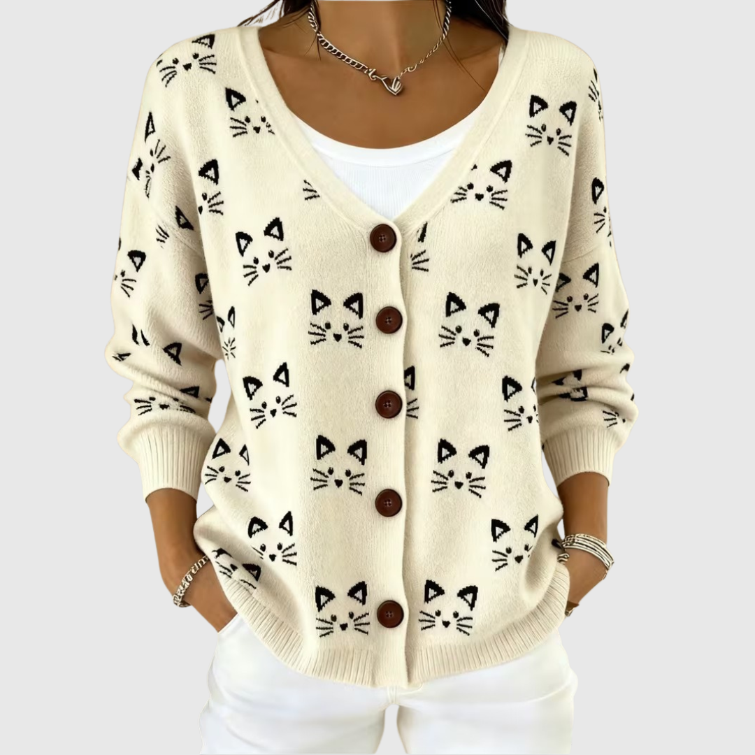 Chaqueta de punto crema con botones y estampado de gatos