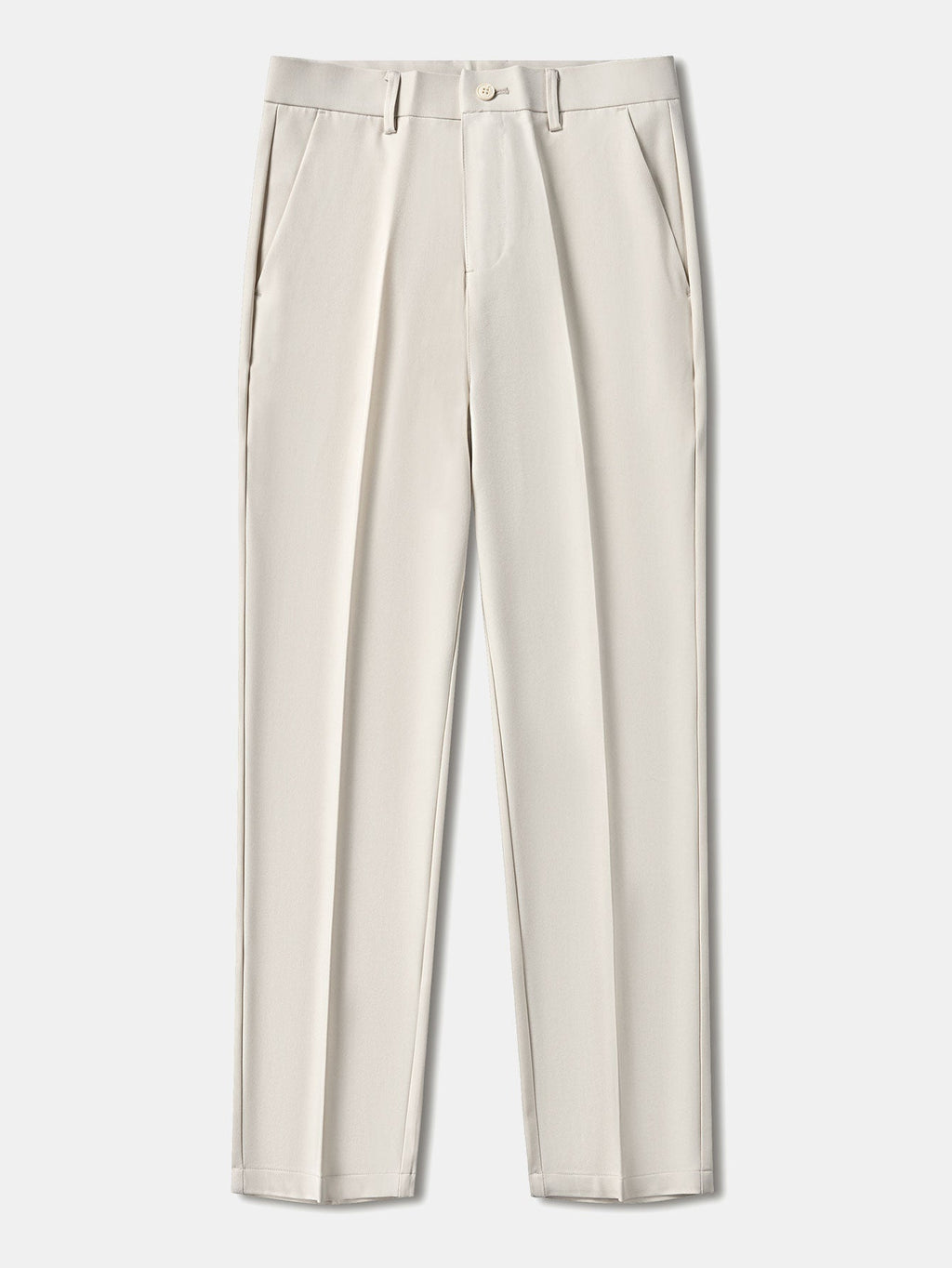 Pantalón regular esencial beige claro, pinzas al frente y bajo recto