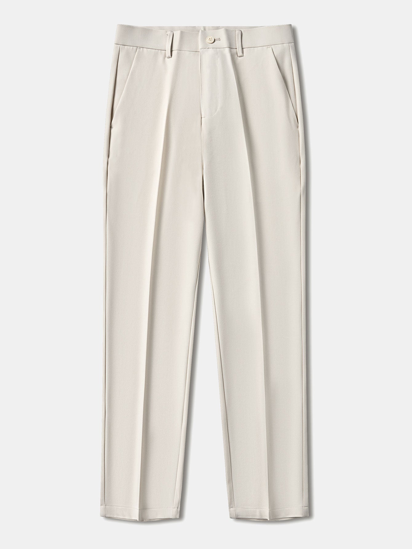 Pantalón regular esencial beige claro, pinzas al frente y bajo recto