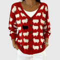 Chaqueta de punto roja con botones y estampado de ovejas, cuello en V