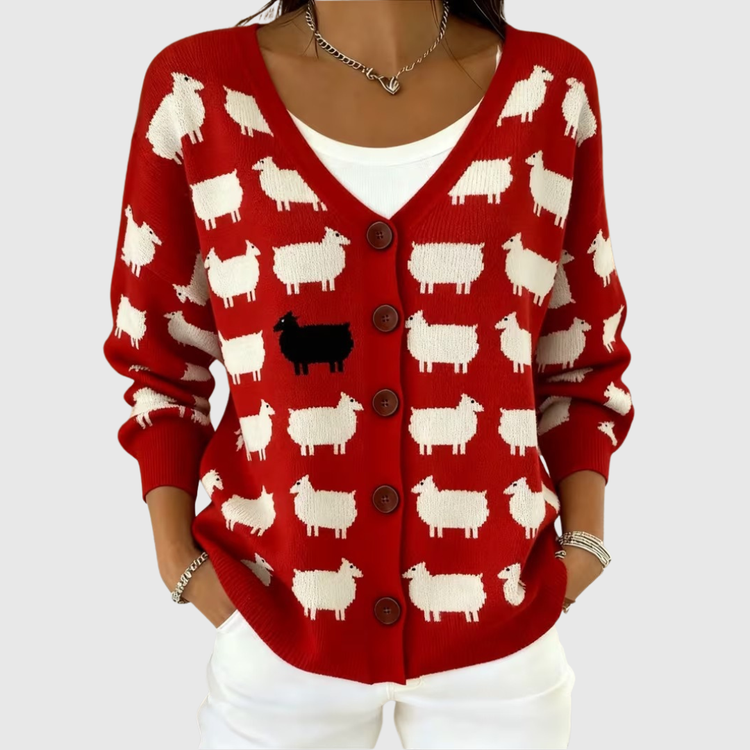 Chaqueta de punto roja con botones y estampado de ovejas, cuello en V