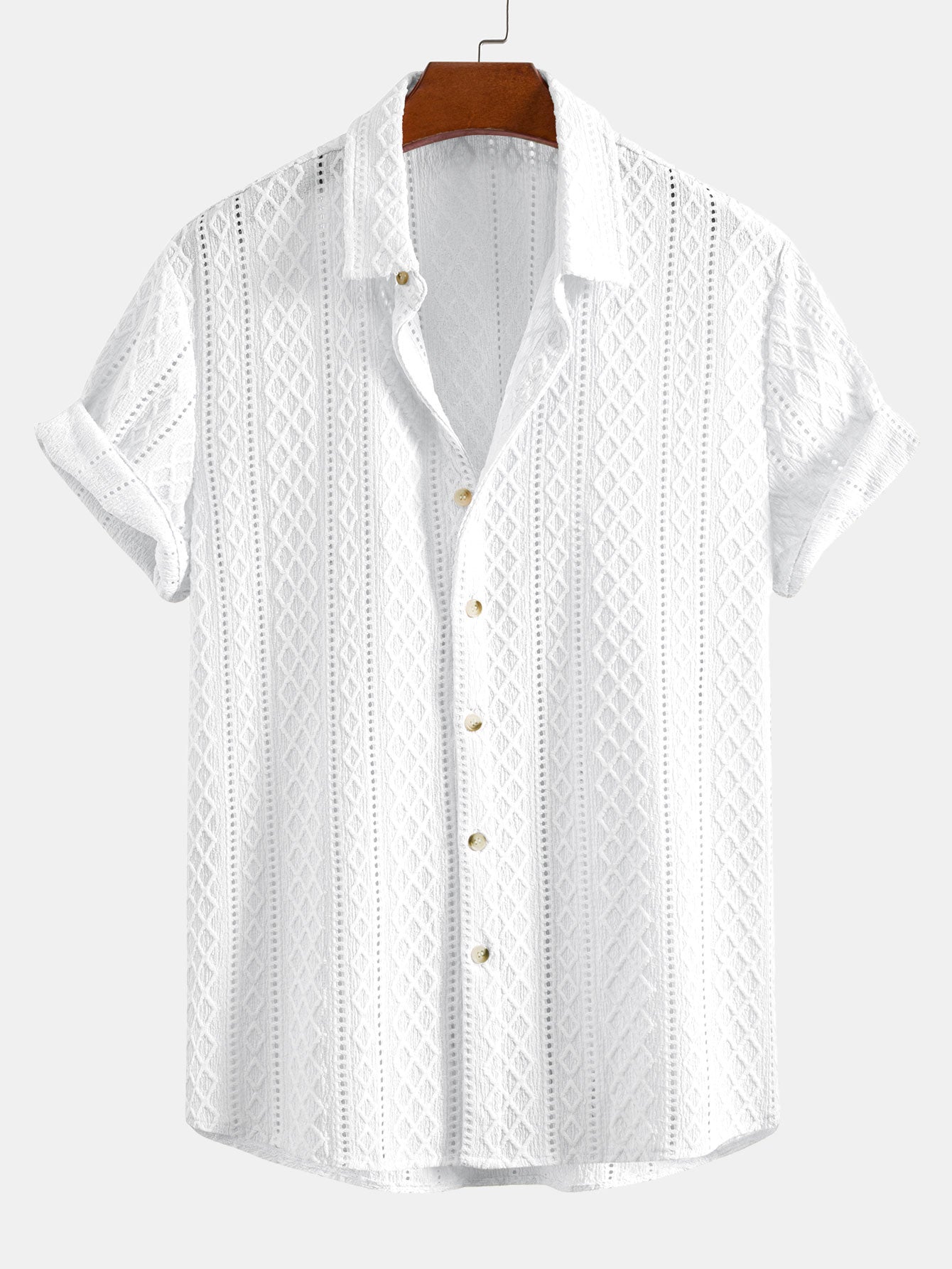 Conjunto de camisa abotonada blanca jacquard rombos y pantalón recto blanco con cordón