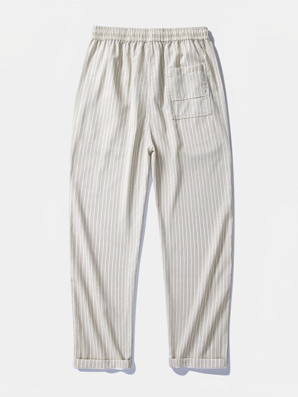 Pantalón recto de lino a rayas beige con bolsillo, cintura elástica y cordón