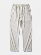 Pantalón recto de lino a rayas beige con bolsillo, cintura elástica y cordón