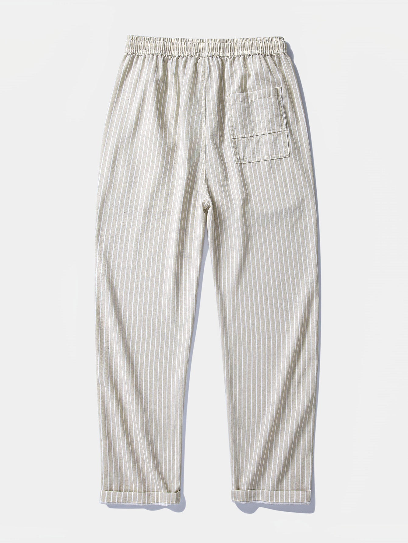 Pantalón recto de lino a rayas beige con bolsillo, cintura elástica y cordón